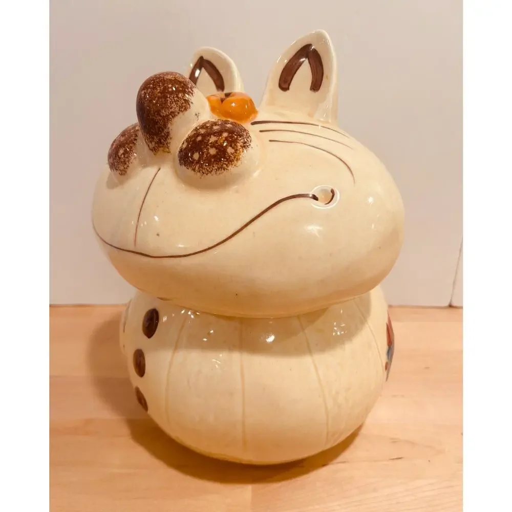 Vintage Ceramic Cat Cookie Jar Hand Painted Whimsical MCM Kitchen Decor